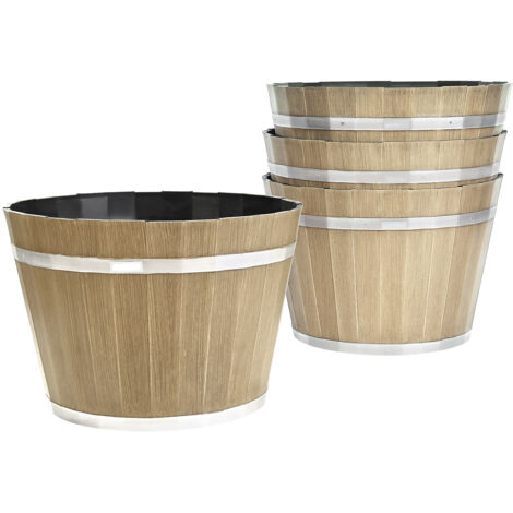 Mophorn Set of 4 Decorative Plant Pots, 11.81-inch Whiskey Barrel Style with Drainage, Durable Plastic Flower Containers for Indoor and Outdoor Use, Rustic Brown Design for Gardens,Homes,and Plants