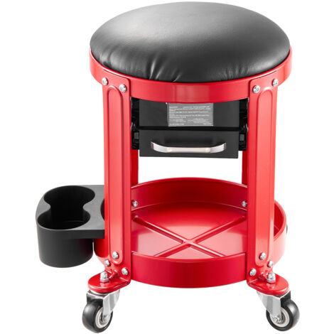 Mophorn Sgabello da Meccanico con Ruote, Sedile per Garage, Capacità 136 kg, Seduta Imbottita, Altezza Fissa, Vassoio per Attrezzi e 2 Cassetti, Rosso Nero