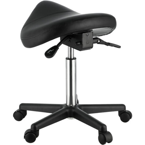 Mophorn Sgabello da sella con ruote, capacità di peso di 400 libbre, sgabello ergonomico girevole in pelle PU regolabile in altezza per salone, spa, tatuaggio, clinica, nero