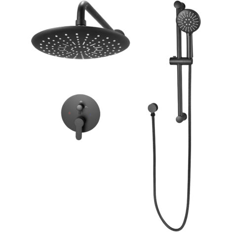 Mophorn Shower Faucet Set with 9-Inch Round Rain Shower Head and Handheld Spray, Wall-Mounted Bathroom Fixtures with Brass Valve and Trim Kit, Matte Black