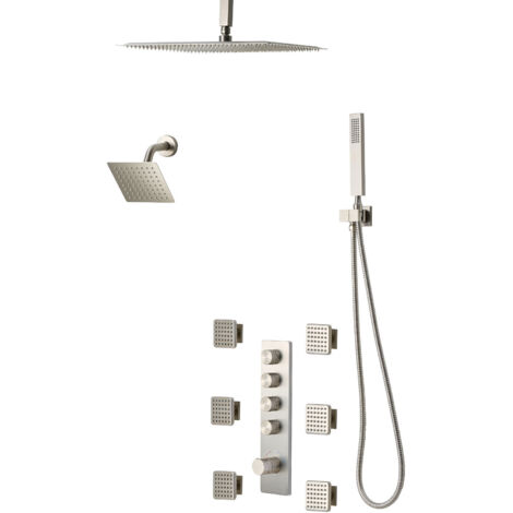 Mophorn Sistema de ducha con cabezal de lluvia de 40 cm, brazo de pared de 15 cm, 6 rociadores y válvula de latón, acabado en níquel cepillado, diseñado para una experiencia de ducha integral