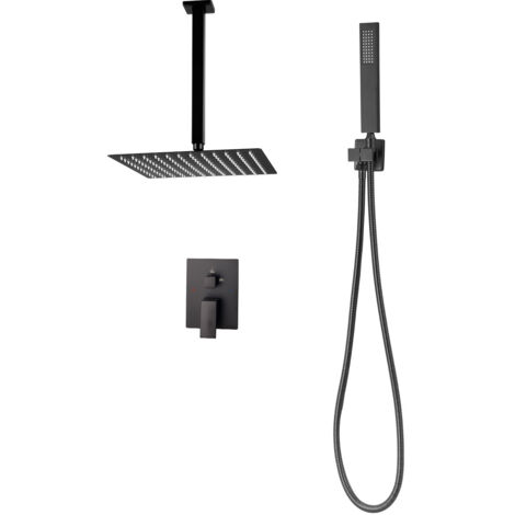 Mophorn Sistema doccia a pioggia per bagno con soffione quadrato da 305 mm e doccetta, set di rubinetti da soffitto con valvola in ottone e kit di finitura, rubinetto doccia, nero opaco