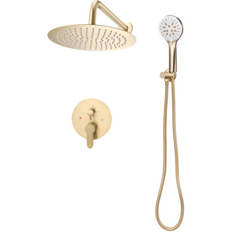 Mophorn Sistema doccia a pioggia per bagno con soffione rotondo da 254 mm e doccetta, set di rubinetti da parete con valvola in ottone e kit di finitura, rubinetto doccia, finitura oro spazzolato