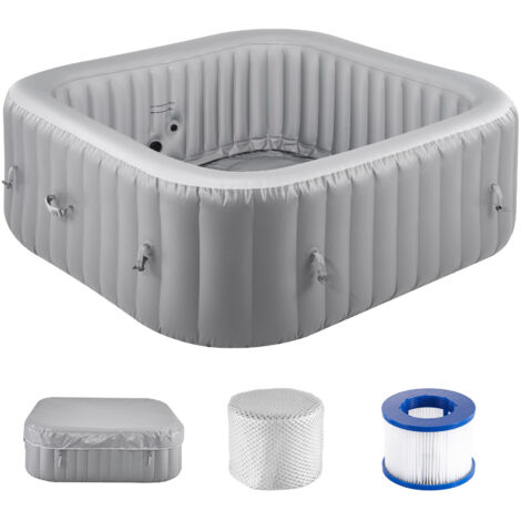 Mophorn Spa gonflable carré pour 4-6 personnes, bain à remous portable 185x66 cm, équipé de 130 jets relaxants, filtre, couverture et tapis, en PVC, avec panneau de commande multifonction, gris