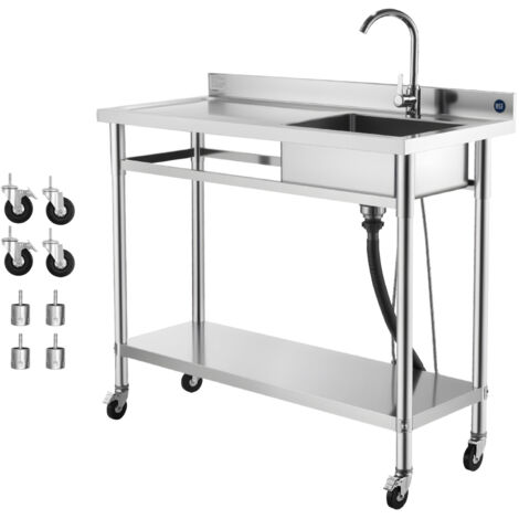 Mophorn Spültisch aus Edelstahl (1200 x 500 x 1055 mm), Einzelbecken mit Wasserhahn und Rollen, Küchenspüle für Garage, Restaurant und Wäscherei, Außenspüle mit Arbeitsfläche (links)