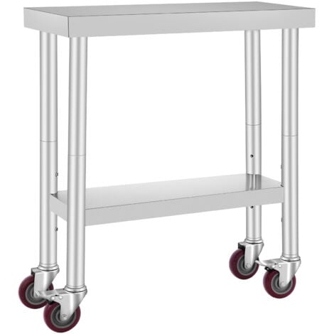 Mophorn Stainless Steel Work Table 30 x 12 x 34 Inch, 700 LBS Load Capacity, 4 Wheels, 3 Adjustable Height Levels, Heavy Duty Food Prep Worktable for Commercial Kitchen Restaurant, Silver