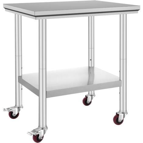 VEVOR Mophorn Stainless Steel Work Table 30 x 24 x 33 Inch, 700 LBS Load Capacity, 4 Wheels, Adjustable Height, Heavy Duty Food Prep Table for Commercial Kitchen, Silver