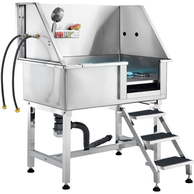 Mophorn - Station de bain pour chien 38' avec rampe, baignoire de toilettage en acier inoxydable avec tiroir de rangement, grille de sol, robinet