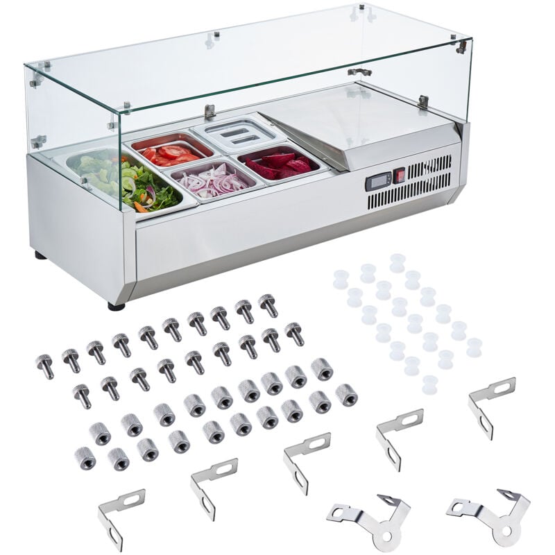 Station de préparation de condiments réfrigérée, unité de comptoir 140 w, 1 1/3 poêle et 4 x 1/6 poêles, corps en acier inoxydable 304, couvercle en