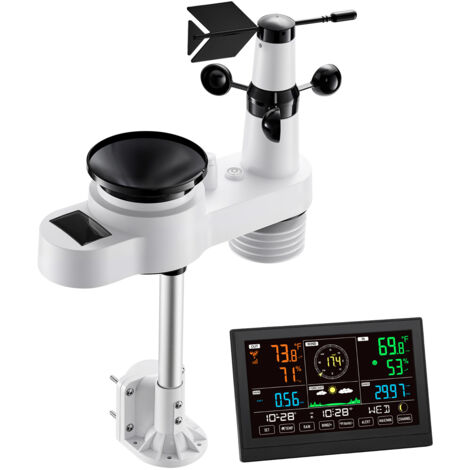 Mophorn Station météo sans fil WiFi 5 en 1, système solaire pour intérieur et extérieur, avec écran VA 190,5 mm, capteur extérieur, prévisions, température, humidité, précipitations