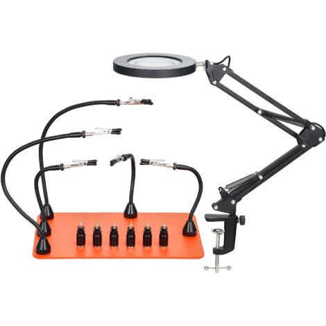 Mophorn Stazione di Saldatura con Lampada d'Ingrandimento a LED 3X, 5 Bracci Flessibili e 6 Supporti per PCB, Ideale per Riparazioni Elettroniche e Progetti Fai da Te