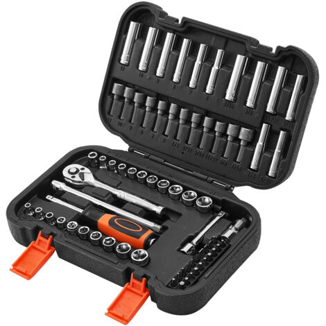 Mophorn Steckschlüsselsatz Ratschensatz 70-teilig, 6,4-mm-Antrieb, SAE und metrisch, tief und flach, Mechaniker-Werkzeugsatz mit Bits und Zubehör, Aufbewahrungskoffer, CR-V-Legierungsstahl
