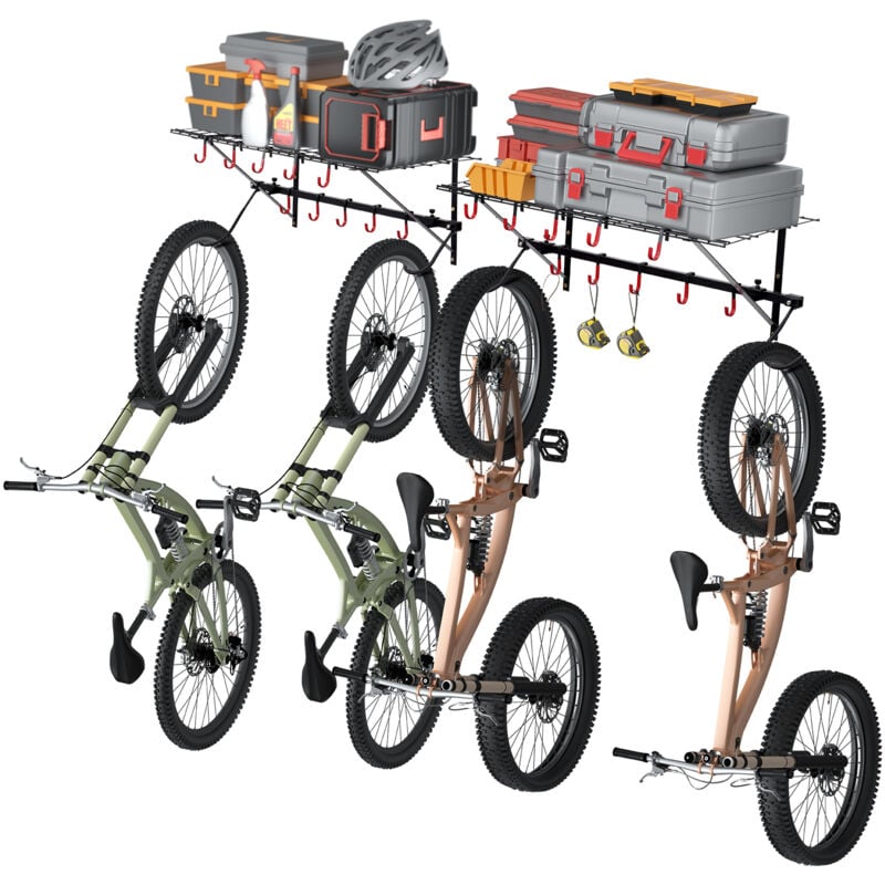 Support de rangement pour vélos - 4 vélos, montage mural avec 2 étagères, 63 pouces, jusqu'à 500 lb, personnalisable - Mophorn