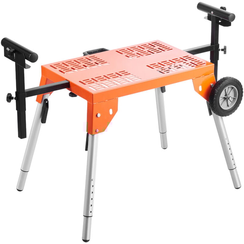 Support de scie à onglet avec plateau et roulettes, capacité de 330 lb, hauteur et longueur réglables, portable et pliable pour une coupe efficace