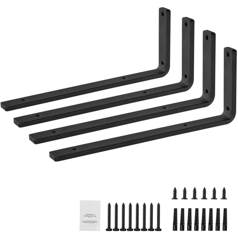 Support d'étagère, 16 x 6 pouces, 4 pièces. Supports d'étagère flottants de forte capacité. 10 mm d'épaisseur L-support d'étagère mat noir. Supports