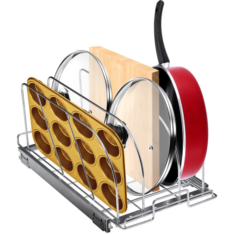 Support extensible pour casseroles et poêles , organiseur coulissant sous armoire, séparateurs en fil réglables, support de couvercle en acier pour