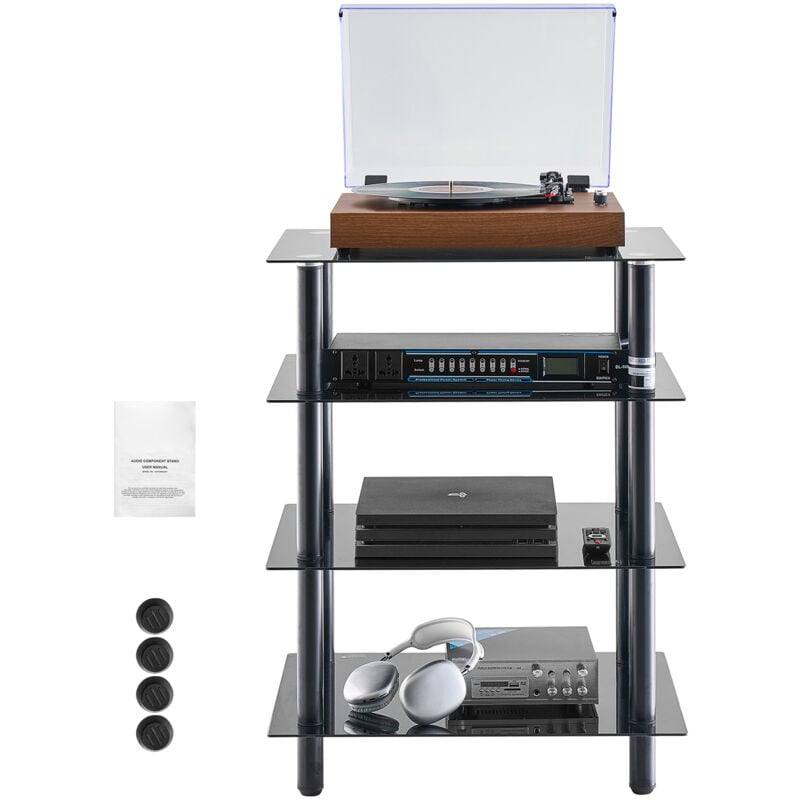 Mophorn - Support multimédia av à 4 niveaux, rangement audio/vidéo réglable avec étagères en verre trempé, meuble multimédia pour salle de jeux et