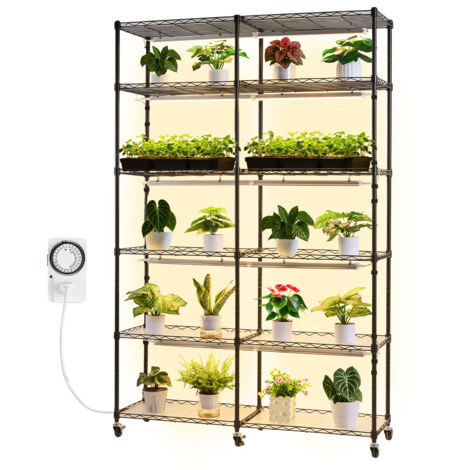 Mophorn Support pour plantes d'intérieur avec lampe de croissance, étagère métallique à 6 niveaux, double rangée, hauteur de 180 cm, puissance de 200 W, équipé de roulettes et minuterie