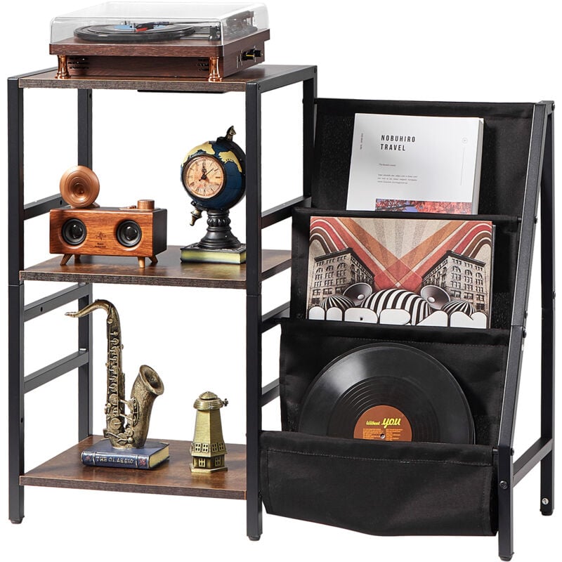 Support pour tourne-disque avec station de charge et ports usb, 3 niveaux, peut contenir 200 albums, support pour tourne-disque avec rangement pour
