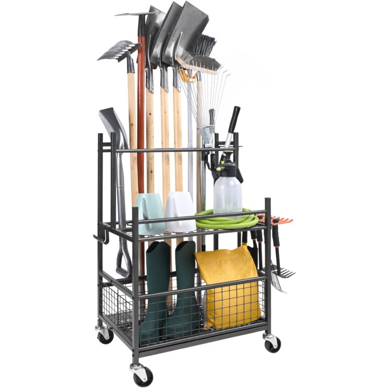 VEVOR Support Range Outils de Jardin 16 Emplacements avec Crochets Porte-outils de Garage en Metal sur Roulettes pour Organisation et Stockage Abri