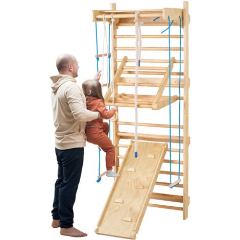 Mophorn Swedish Ladder Wall Gym - 8-in-1 Wooden Indoor Climbing Set, 220 lbs Capacity, with Pull-Up Bar, Rings, Swing, Rope Ladder, and Slide Board
