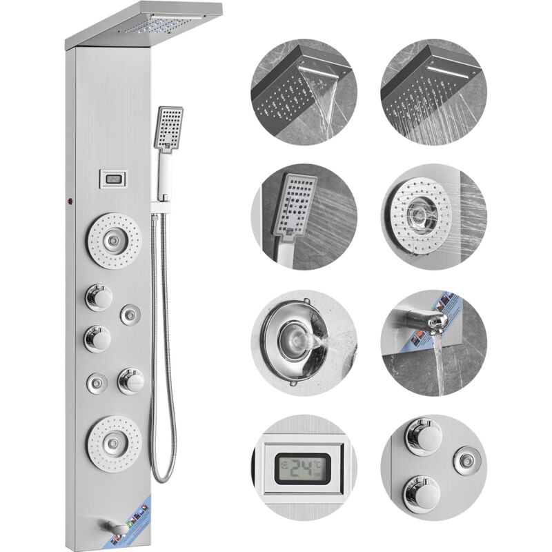 VEVOR Systeme de Panneau de Douche avec 6 Modes, Tour de Panneau de Douche LED et Affichage, Pluie, Cascade, 4 Jets de Massage, Bec de Baignoire et