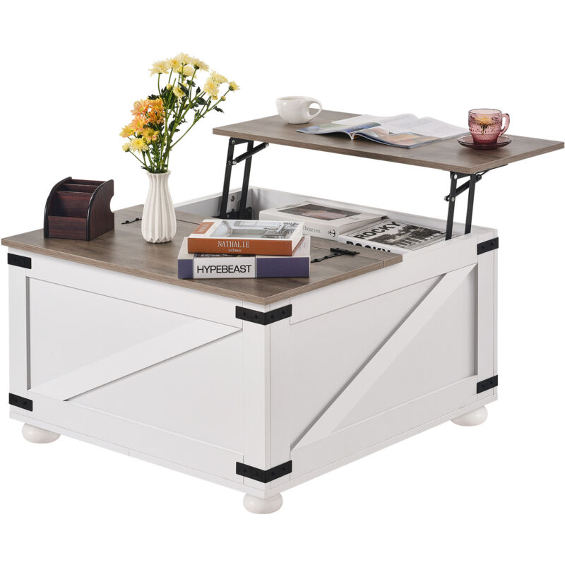 Mophorn - Table basse de ferme de 31,5 po - Plateau relevable, rangement, gris et blanc, pour une vie polyvalente