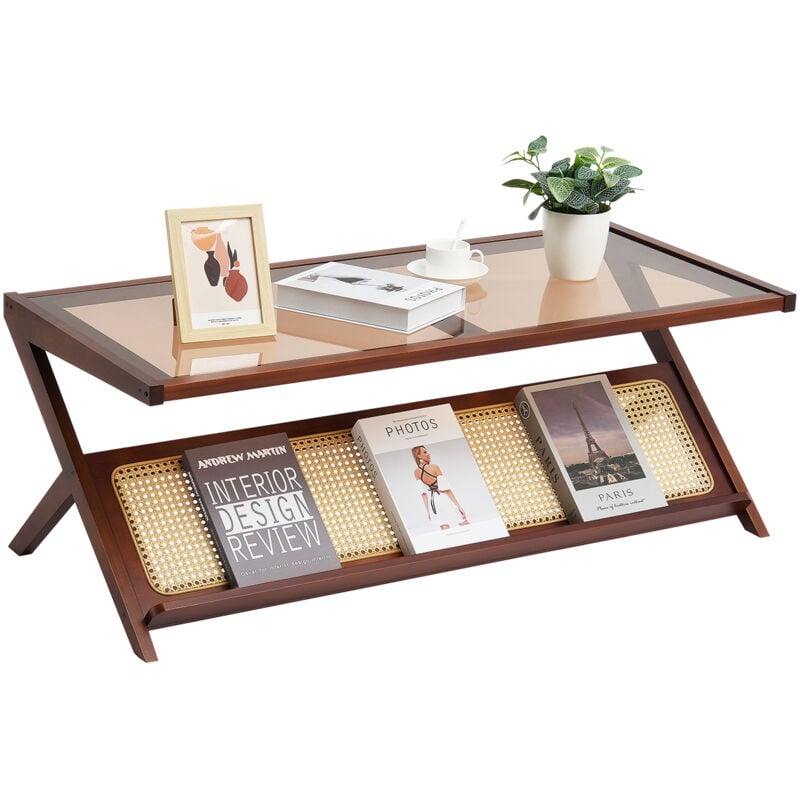 Mophorn - Table basse en rotin, 47 pouces en bambou tressé en forme de z avec plateau en verre trempé, table de rangement bohème moderne, pieds en