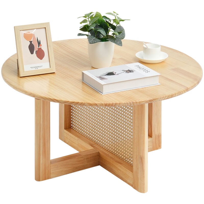 Mophorn - Table basse en rotin de 33 pouces, table ronde en bois tressé avec plateau en bois d'hévéa, rangement circulaire bohème moderne pour salon