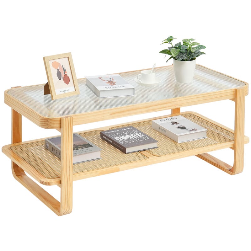 Mophorn Table basse en rotin, rectangulaire de 45 pouces en bois tressé avec plateau en verre trempé, table de rangement bohème moderne, pieds en