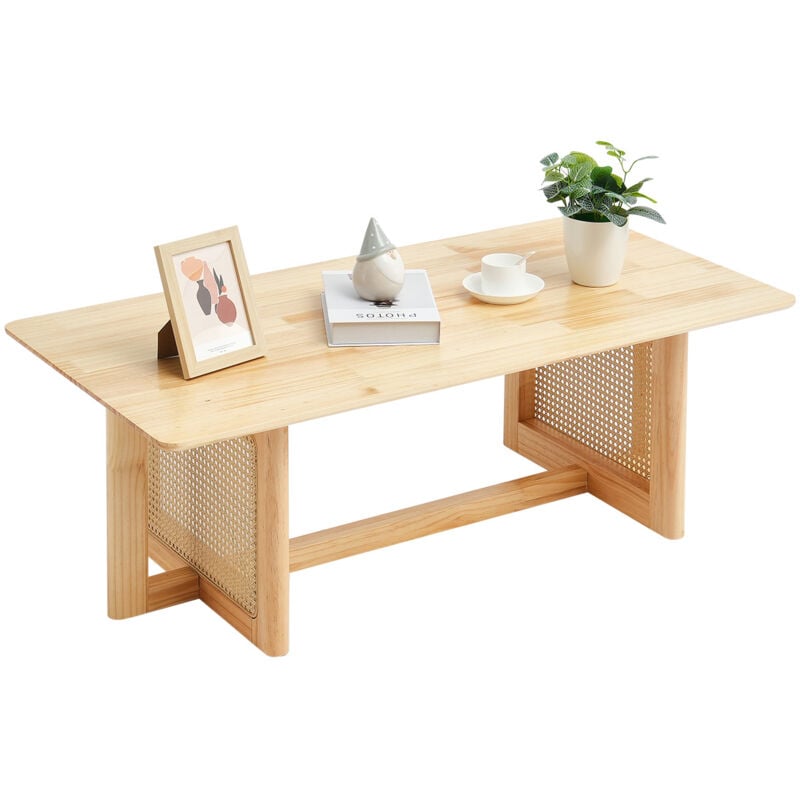 Mophorn - Table basse en rotin,table basse rectangulaire en rotin tressé avec plateau en bois d'hévéa,table basse de rangement bohème moderne de 47