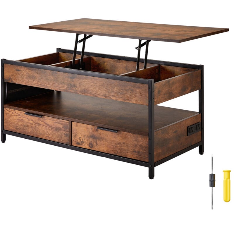 Mophorn - Table basse relevable - 39,4 po rectangulaire, marron. Poches de rangement supplémentaires. Table escamotable avec multiprise, usb et