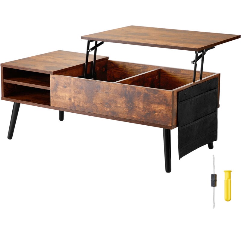 Mophorn - Table basse relevable, table rectangulaire de 39,4 po avec poches de rangement supplémentaires, table basse pop-up pour le salon, marron