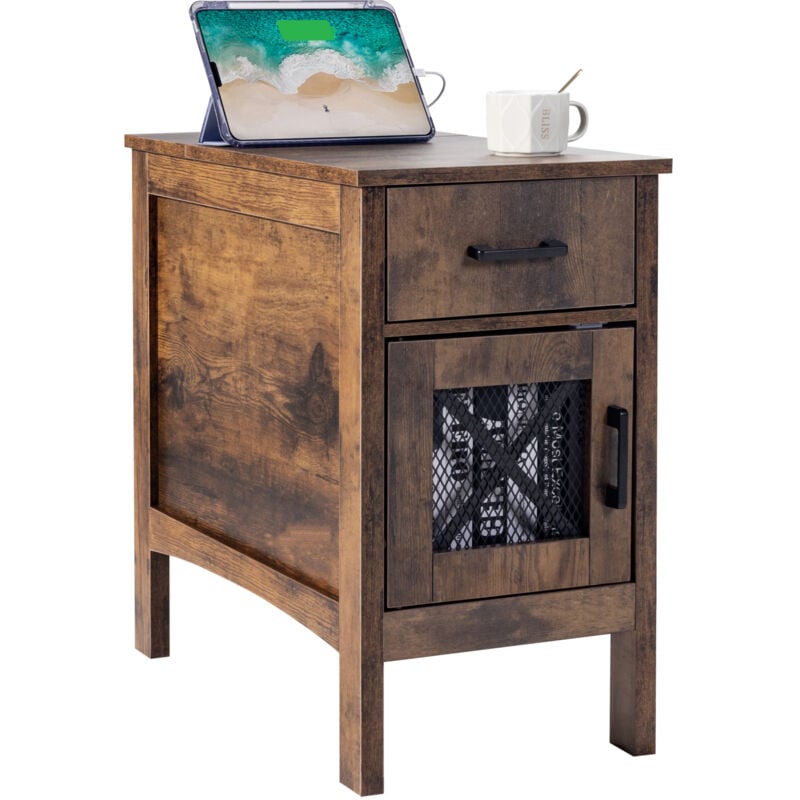 Table d'appoint Farmhouse, 3 niveaux avec usb, armoire, tiroir, Burlywood - Mophorn