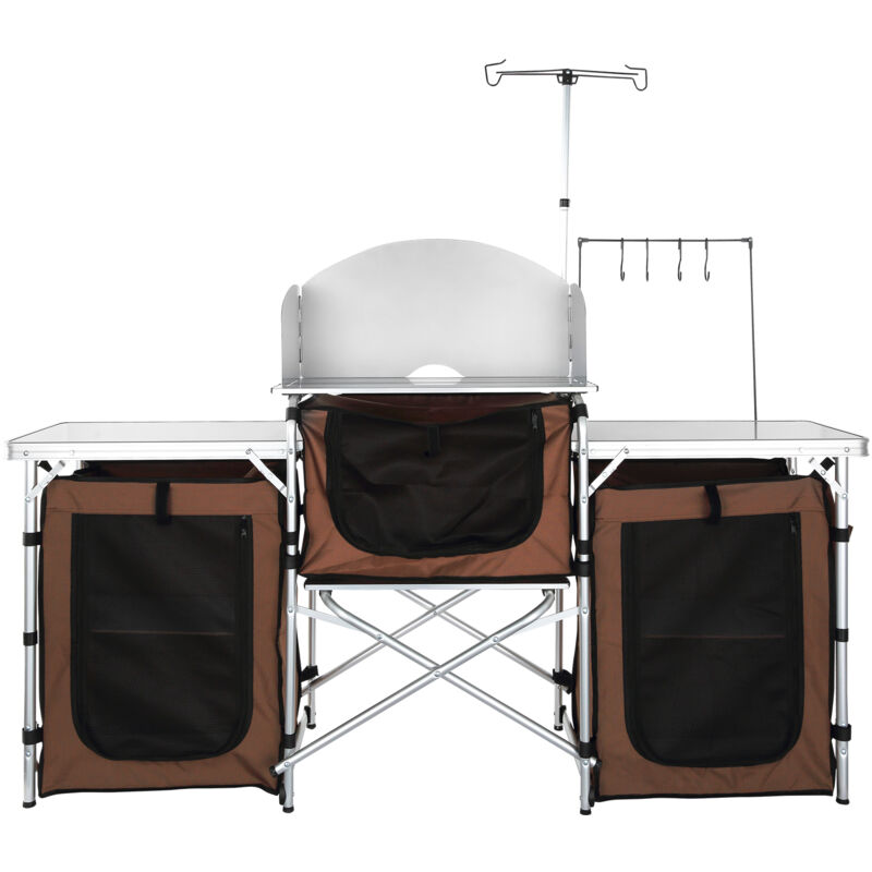Table de cuisine de camping, station de cuisson extérieure pliable avec sac de rangement, table en aluminium avec 3 placards et pare-brise amovible,