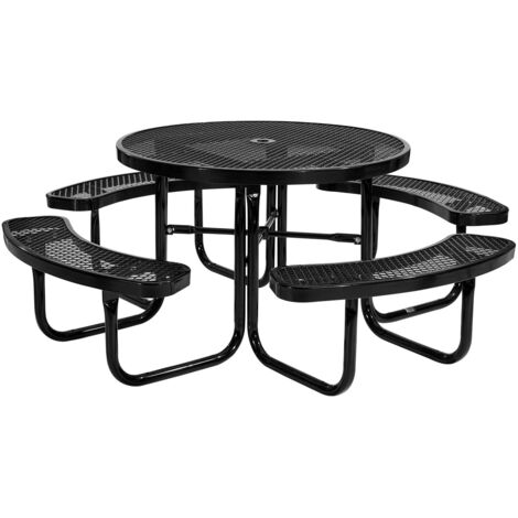 Mophorn Table de pique-nique ronde robuste 1150 mm avec bancs intégrés, ensemble extérieur en acier revêtu, résistant aux intempéries, doté d'un trou pour parasol