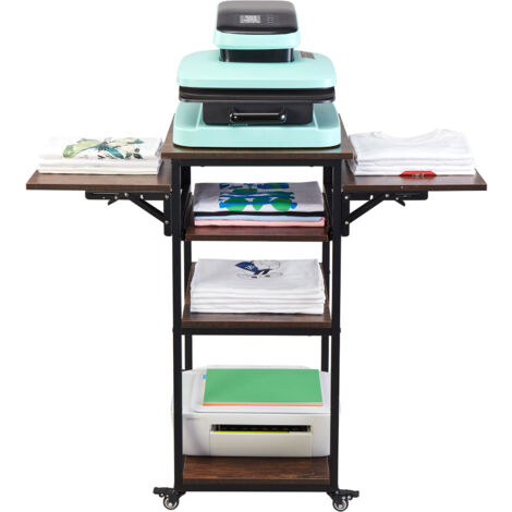 Mophorn Table de presse à chaud avec station de charge - Support mobile à 4 niveaux avec roulettes, pliable pour un gain de place, établi en métal pour transfert par sublimation, marron