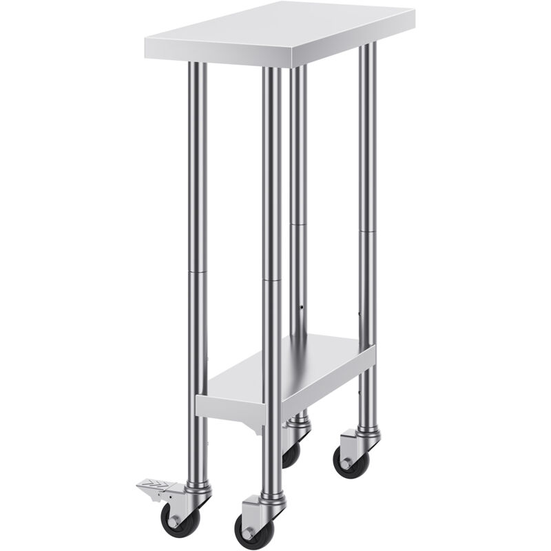 Table de travail en acier inoxydable 24 x 12 x 38 pouces, capacité de charge de 500 lb, 4 roues, 3 niveaux de hauteur réglables, table de préparation