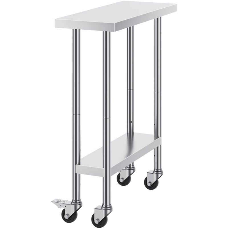 Mophorn Table de travail en acier inoxydable 30 x 12 x 38 pouces, 4 roues, 3 niveaux de hauteur réglables, table de préparation des aliments robuste