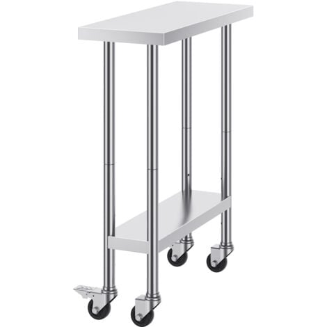 Mophorn Table de travail en acier inoxydable 30 x 12 x 38 pouces, 4 roues, 3 niveaux de hauteur réglables, table de préparation des aliments robuste pour cuisine commerciale, restaurant, argent