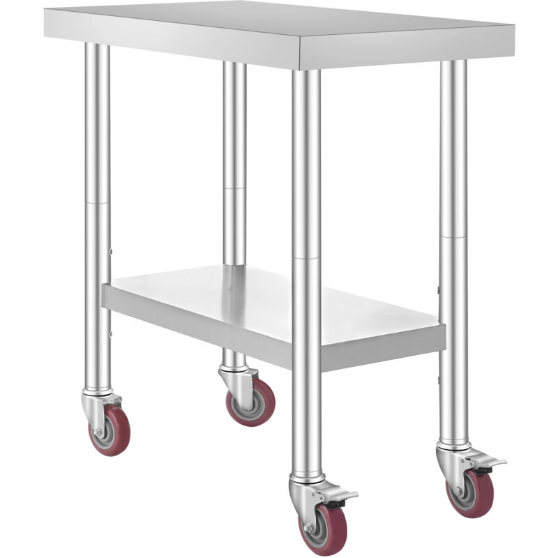Mophorn - Table de travail en acier inoxydable 30x18x34 pouces, capacite de 700 lbs, 4 roues, 3 hauteurs reglables - Table de preparation des