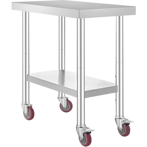 Mophorn Table de travail en acier inoxydable 30x18x34 pouces, capacite de 700 LBS, 4 roues, 3 hauteurs reglables - Table de preparation des aliments pour la cuisine et le restaurant, argente