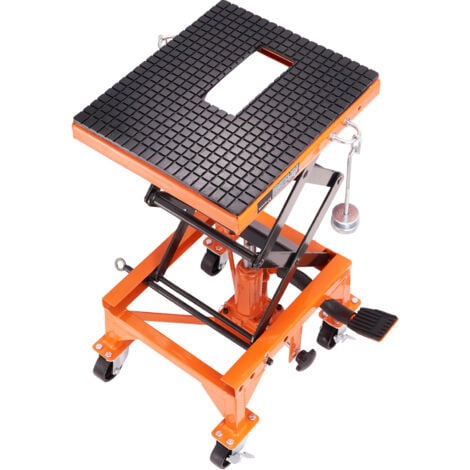 Mophorn Table elevatrice hydraulique pour motos Capacite 200 kg Cric a ciseaux Plateau large Crochets en J 4 roues Support de cric actionne par le pied ATV Dirt Bikes