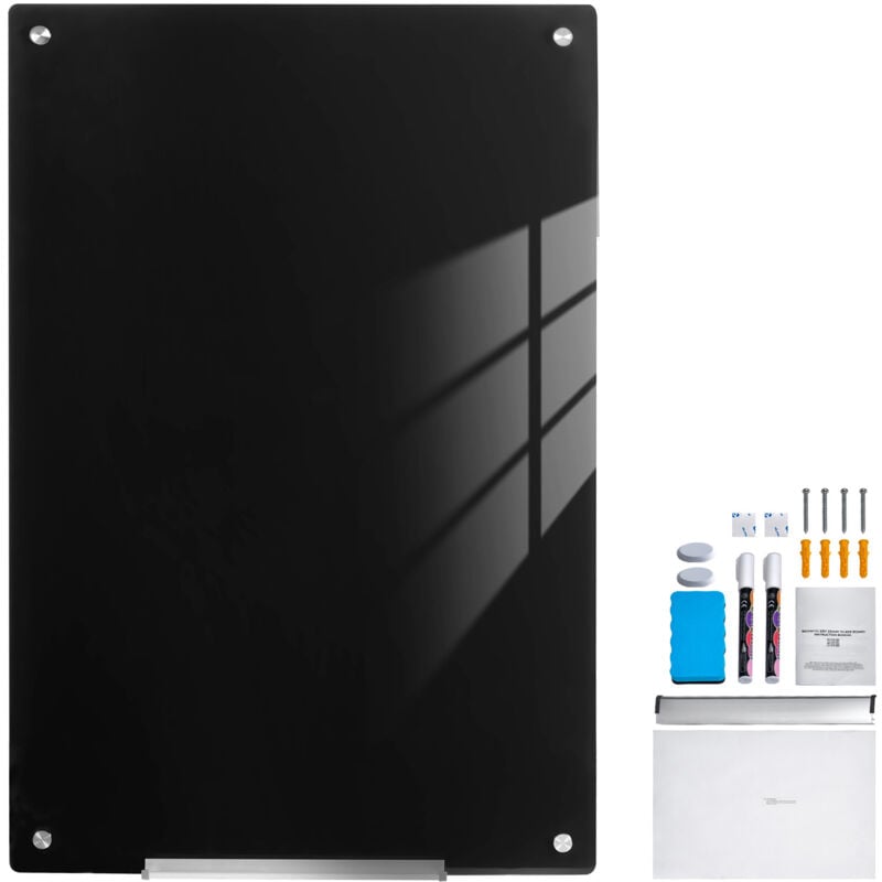 Tableau blanc magnétique en verre 36'x24', tableau effaçable à sec sans cadre, montage mural, avec plateau pour marqueurs, gomme et 2 marqueurs, noir