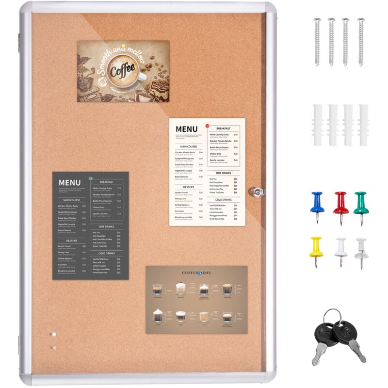 Tableau en liège verrouillable 36'x24' avec cadre en aluminium - Tableau d'affichage fermé avec porte en acrylique et 2 clés - Vitrine murale