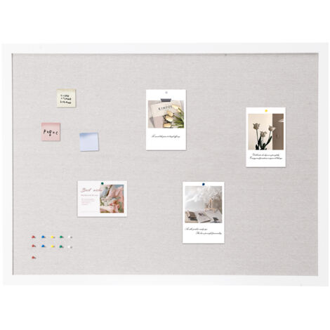Mophorn Tablero de Corcho Blanco con Superficie de Lino 1200 x 900 mm Tablón de Anuncios de Pared con Marco de Madera Blanco Tablón de Anuncios Elegante y Funcional para Hogar, Escuela, Oficina