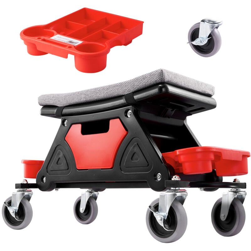 Tabouret de mécanicien, siège roulant d'une capacité de 300 lb, roues de 4 po, 3 plateaux à outils et tiroir, support à roulettes robuste pour