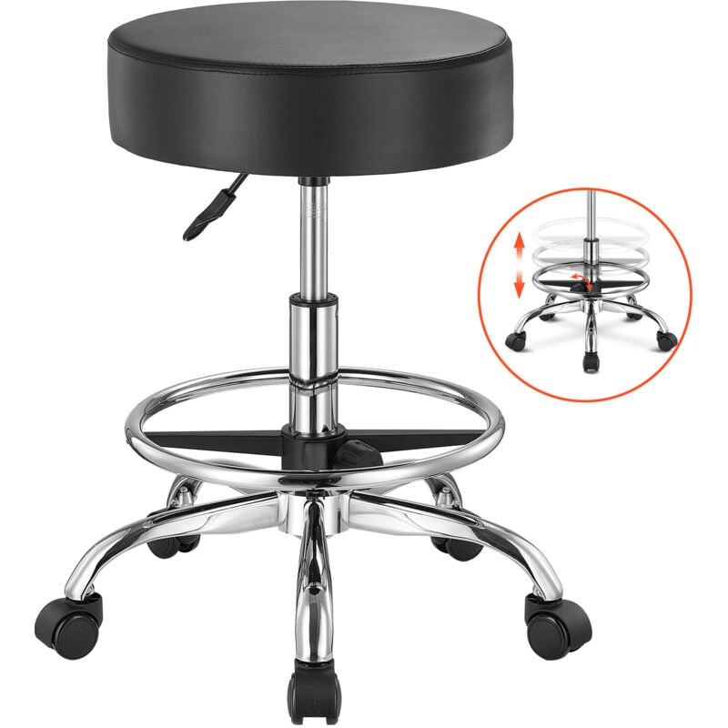 Tabouret roulant - Capacité de 450 lb, hauteur réglable, repose-pieds, cuir pu, pour salon, spa, tatouage, clinique, noir - Mophorn