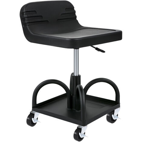 Mophorn Taburete de garaje con ruedas, capacidad de 300 libras, altura ajustable de 15,7" a 20,5", asiento de mecánico con ruedas giratorias 360°, bandeja de herramientas, negro