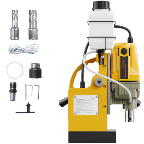 Mophorn Taladro magnético - Motor de 1200 W, diámetro de perforación de 1,6 pulgadas, taladro de columna magnético eléctrico de 2810 lbf con 2 brocas de perforación, amarillo